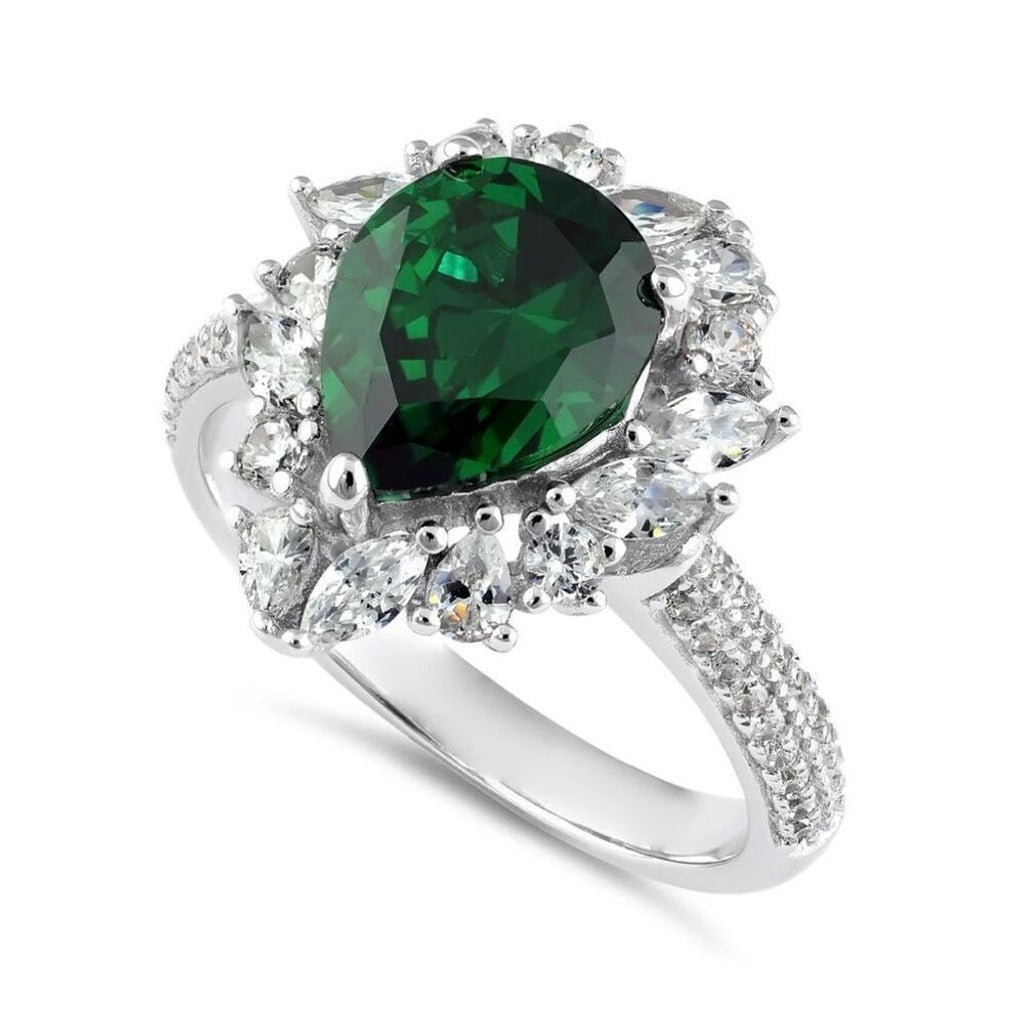 New Sterling Silver Pear Cut Emerald CZ Halo Ring Size 10