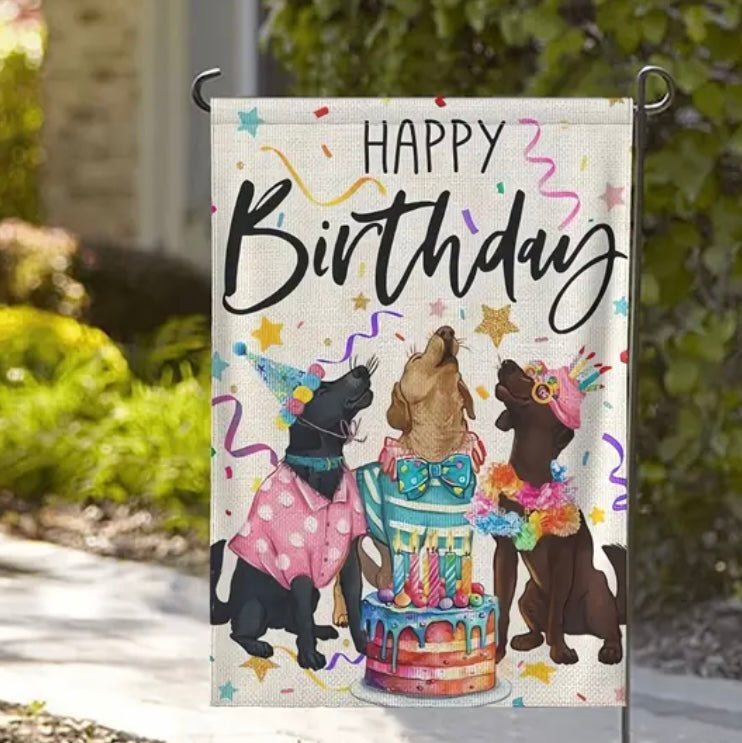 Happy Birthday Garden Flag Double Sided Dogs Cake Party Gift Yard Decoration
