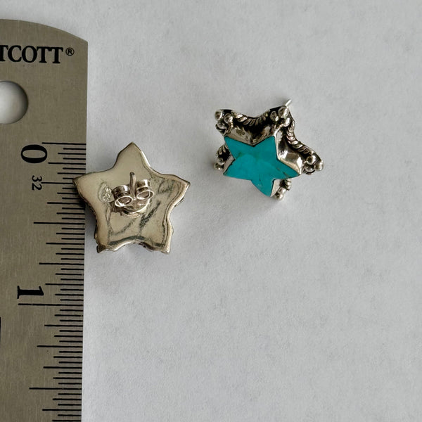 Southwestern Blue Turquoise Star Stud Earrings Unique Sterling Silver Framed New