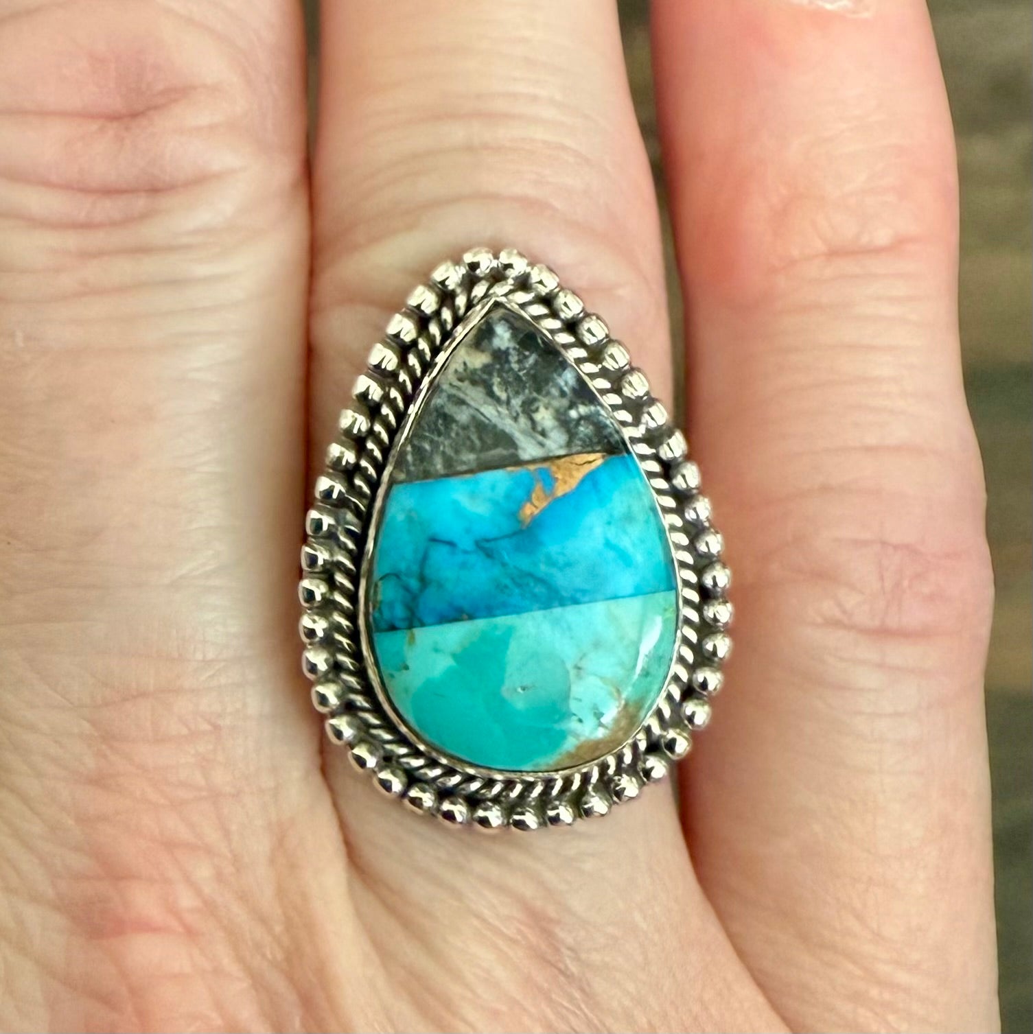 Stunning Southwestern Trifecta Turquoise Teardrop Ring 925 Sterling Silver Sz 7
