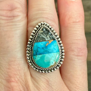 Stunning Southwestern Trifecta Turquoise Teardrop Ring 925 Sterling Silver Sz 7