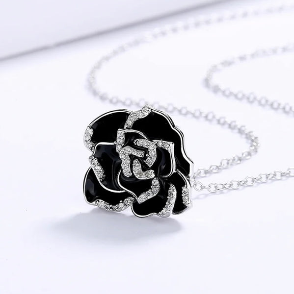Sterling Silver Black Flower Enamel Drip Rhinestone Necklace Womens New