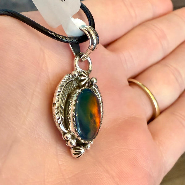 Stunning Aurora Opal Pendant 925 Sterling Silver Feather Southwestern Framed New
