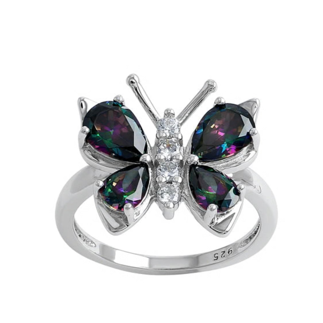 Sterling Silver Large Rainbow Mystic Topaz CZ Butterfly Ring New