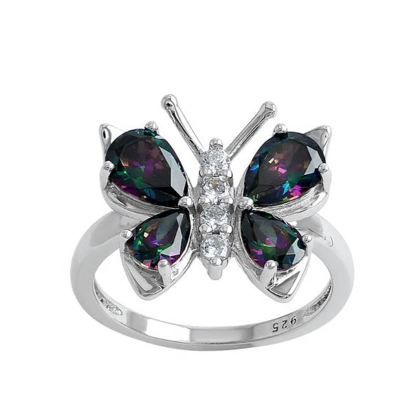 Sterling Silver Large Rainbow Mystic Topaz CZ Butterfly Ring New