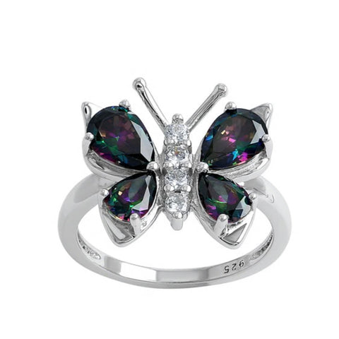 Sterling Silver Large Rainbow Mystic Topaz CZ Butterfly Ring New