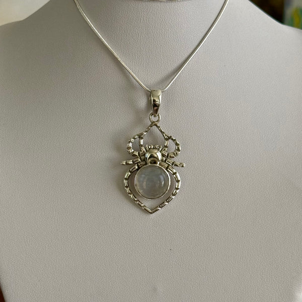 Round Rainbow Moonstone Spider Necklace Pendant Sterling Silver Southwestern