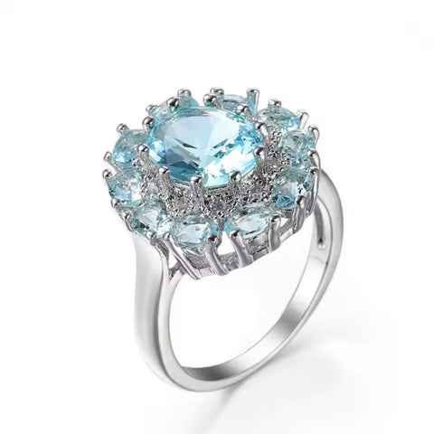 Stunning Round Aquamarine Zircon Sterling Silver Statement Ring Multi Stone New