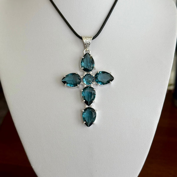London Blue Topaz CZ Cross Necklace Pendant Large Faceted Teardrop New