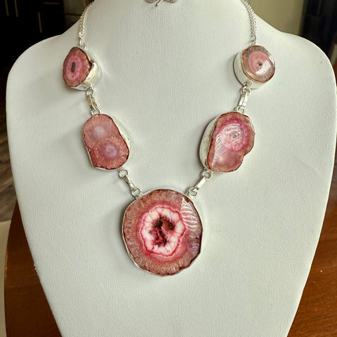 Vibrant Pink Druzy Solar Agate Quartz Gemstone Silver Boho Necklace New