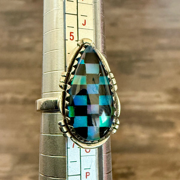 Trendy Southwest Aurora Opal And Onyx Checkerboards Sterling Silver Boho Ring Size 6