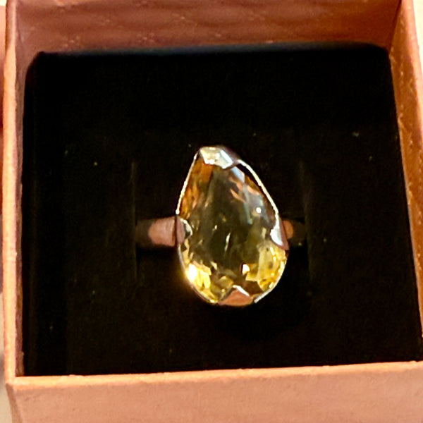Stunning Faceted Genuine Solitaire Citrine Statement Teardrop Ring Size 8 New