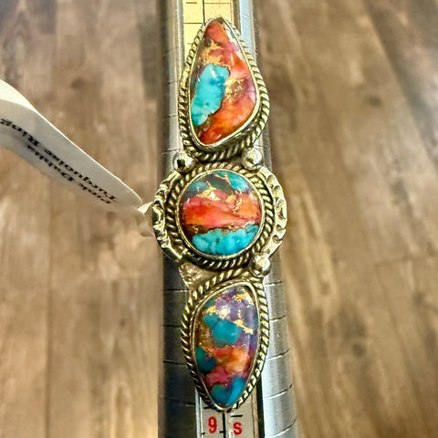 Southwestern Pink Dahlia Turquoise Statement Boho Ring 925 Sterling Silver 7 New