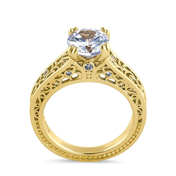 Gold Vermeil Vine Filigree Round Cut Clear CZ Solitaire Engagement Ring Size 6