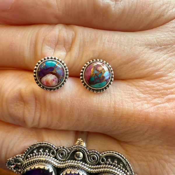 Southwestern Multi Color Dahlia Turquoise Dainty Stud Silver Earrings Handmade