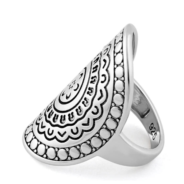 Solid 925 Sterling Silver Boho Floral Enchanted Shield Ring Size 6 New
