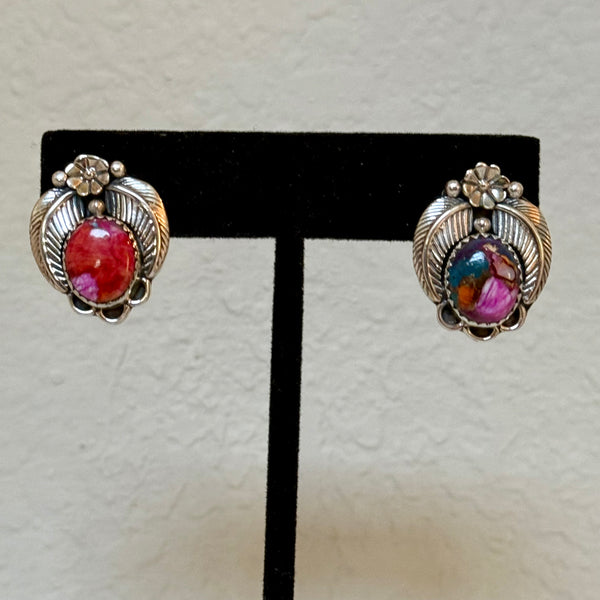 Southwestern Plum Spiny Oyster Turquoise Carved Floral Sterling Silver Earrings