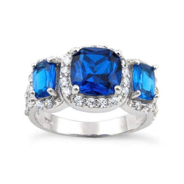 Stunning Sterling Silver Blue Sapphire Three Stone Halo CZ Ring Size 6 New