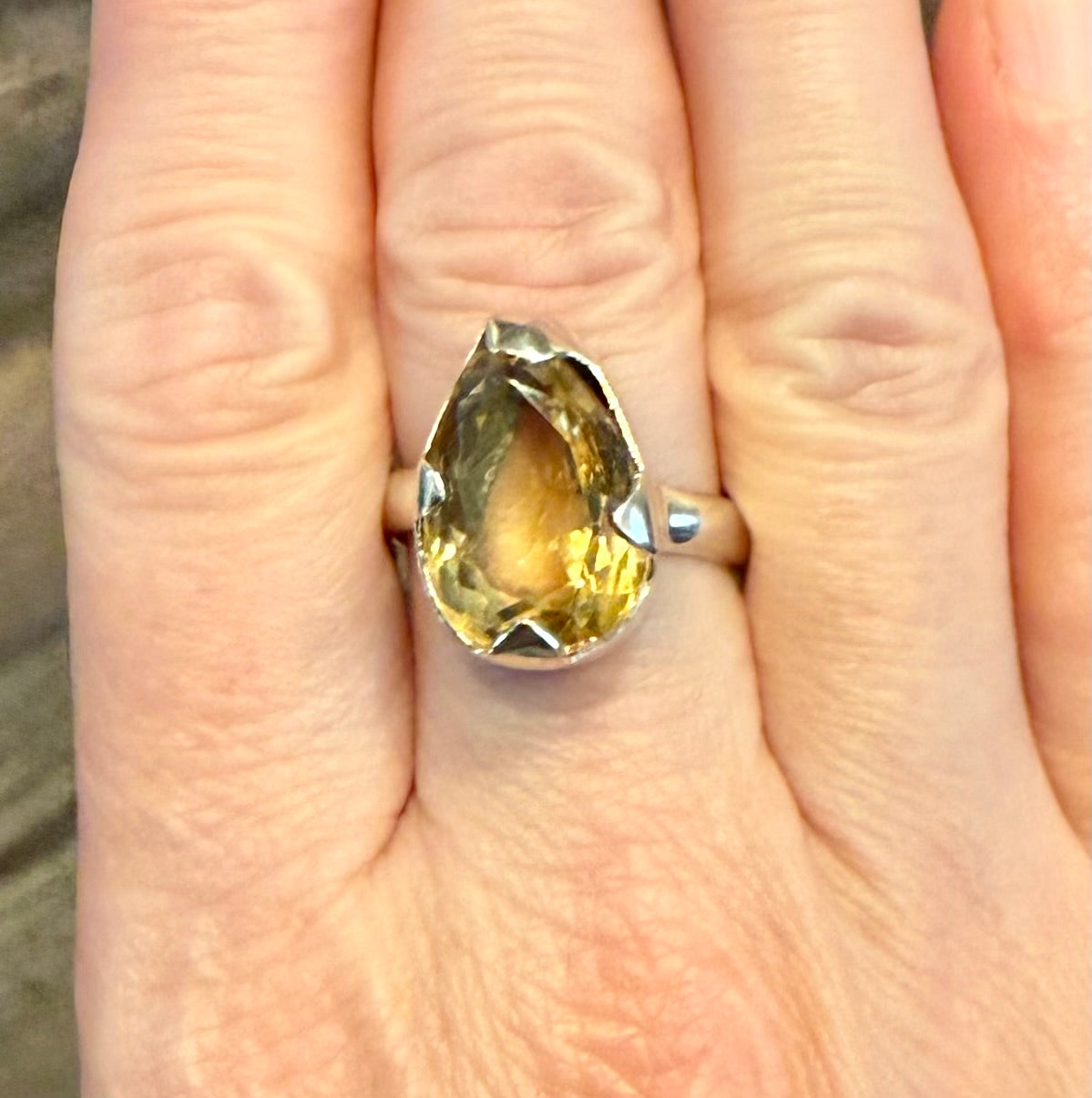 Stunning Faceted Genuine Solitaire Citrine Statement Teardrop Ring Size 8 New