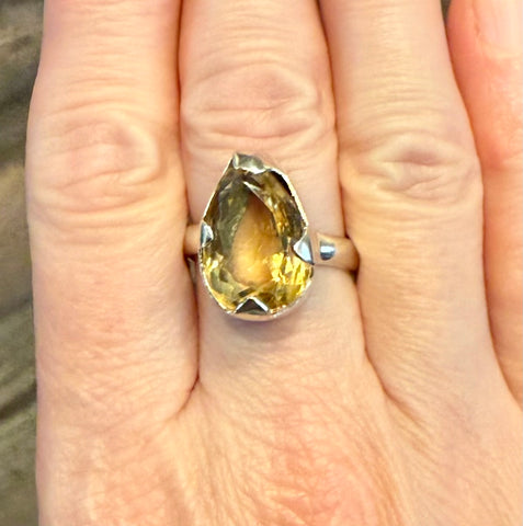 Stunning Faceted Genuine Solitaire Citrine Statement Teardrop Ring Size 8 New