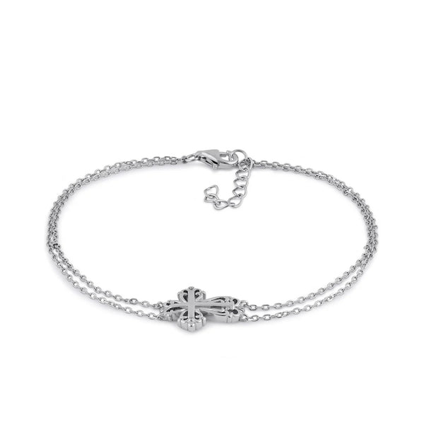 Sterling Silver Vintage Floral Cross Double Chain Bracelet New