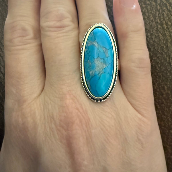 Stunning Turquoise Vintage Style Oval Statement Silver Fashion Southwestern Ring Size 6