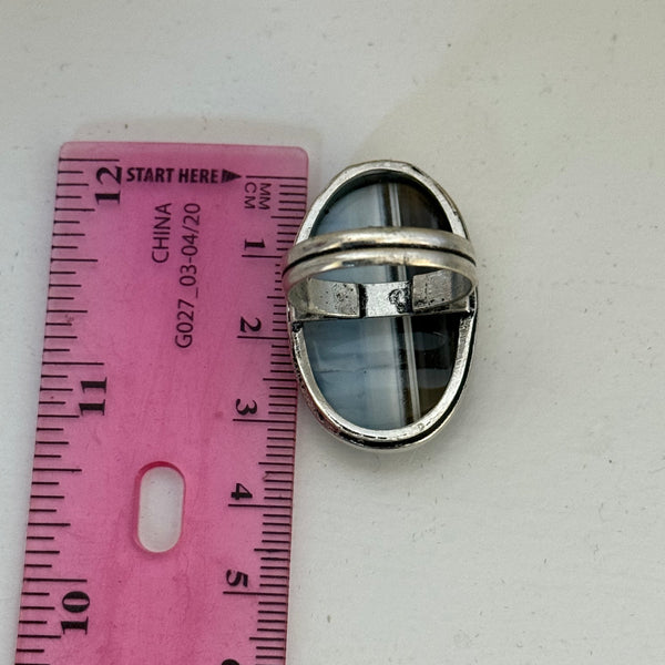 Vintage Blue Striped Agate Sterling Silver Statement Ring Size 9