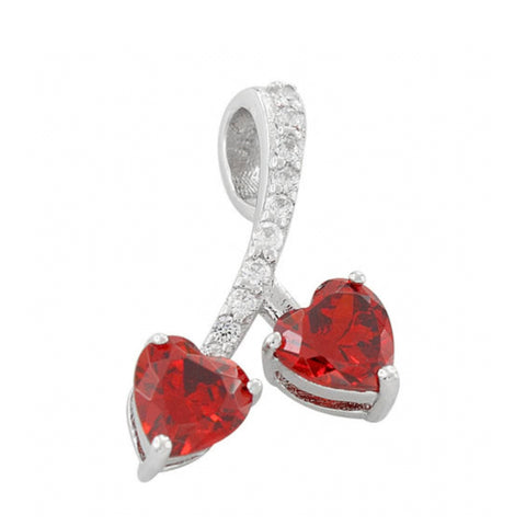 Sterling Silver Cherry Hearts Garnet CZ Necklace Pendant New