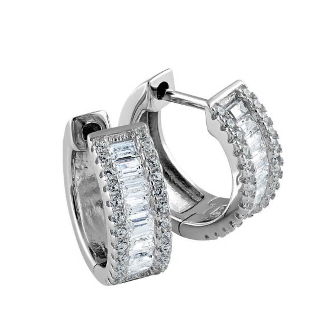 Solid Sterling Silver Clear Baguette CZ Hoop Dainty Huggie Earrings New