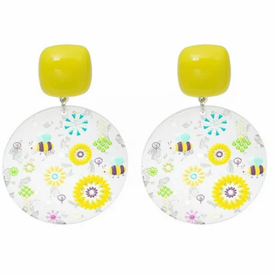 New Womens Boho Korean Designed Oil Painted Bee And Flower Acrylic Disc Dangle