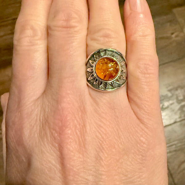Genuine Baltic Honey Amber Sun Sterling Silver Boho Ring Size 5.5 New