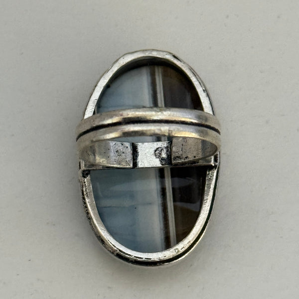 Vintage Blue Striped Agate Sterling Silver Statement Ring Size 9