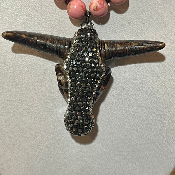 Stone Longhorn Cow Skull 30in Beaded Necklace