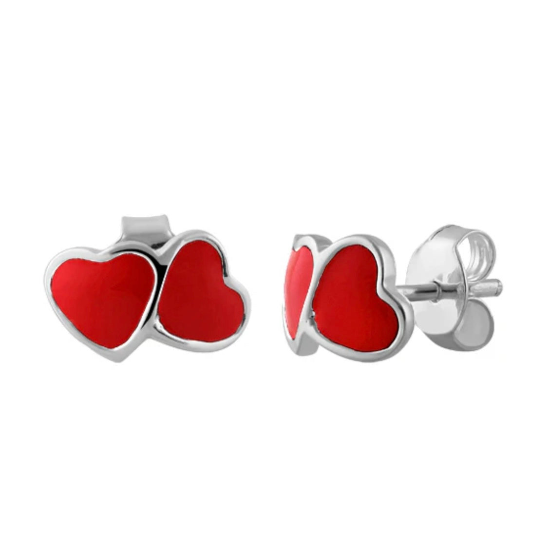 Sterling Silver Red Enamel Double Heart Stud Earrings New