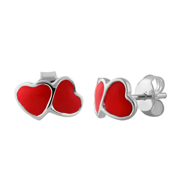 Sterling Silver Red Enamel Double Heart Stud Earrings New