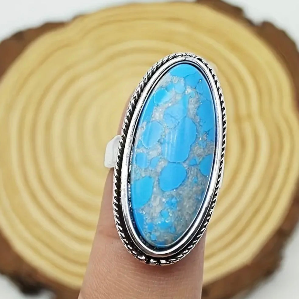 Stunning Turquoise Vintage Style Oval Statement Silver Fashion Southwestern Ring Size 6