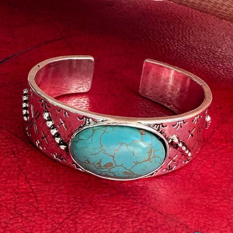 Southwestern Oval Turquoise Chic Boho Silver Fashion Bracelet Cuff New