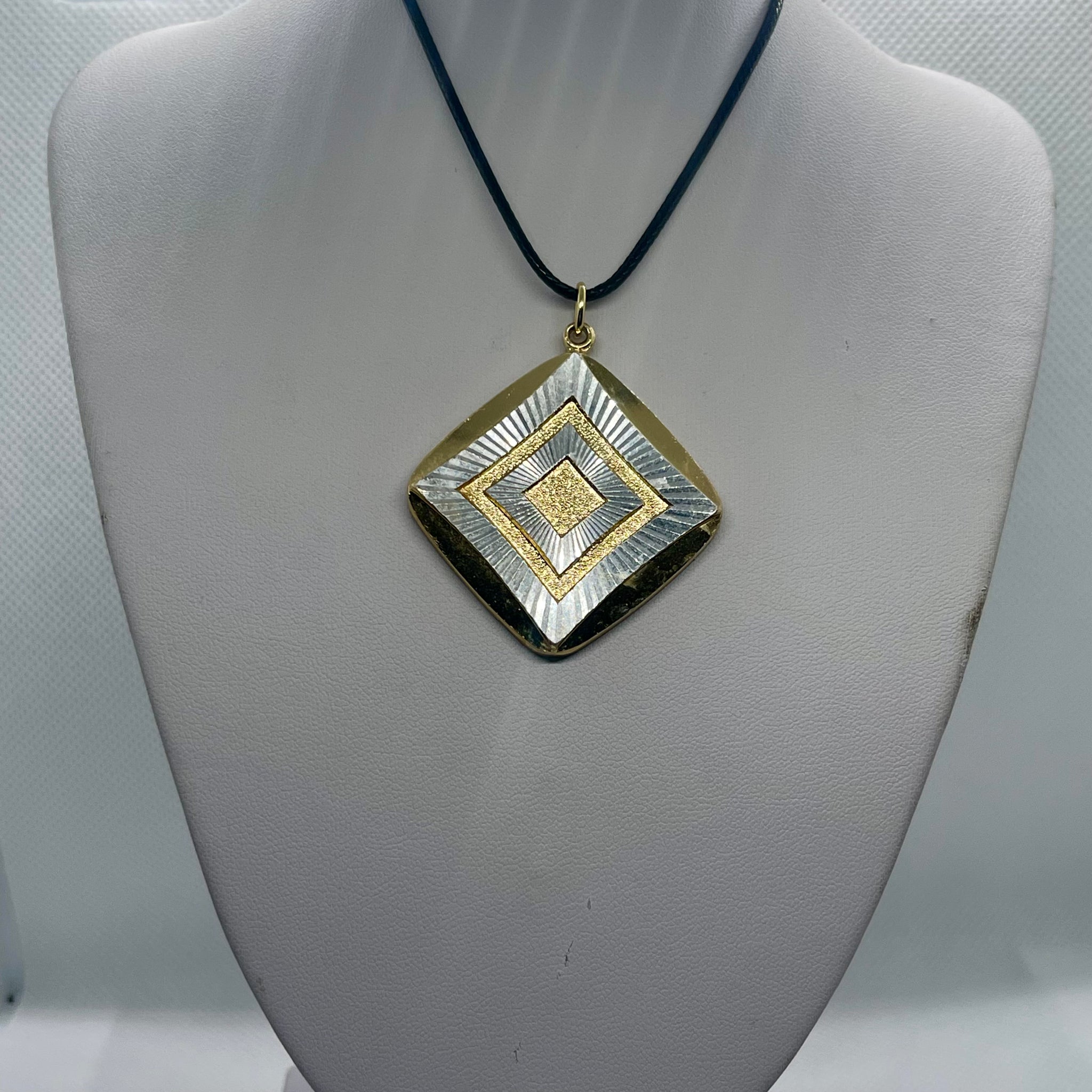 Vintage 1.25” Diamond Shaped Pendant German Gold & Silver Womens 16” Necklace