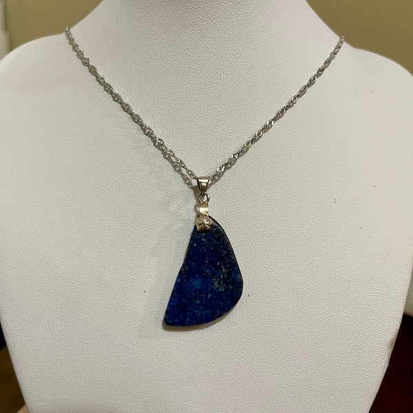 Vintage Blue Agate Stone Necklace Womens Italian 17” Sterling Silver Chain