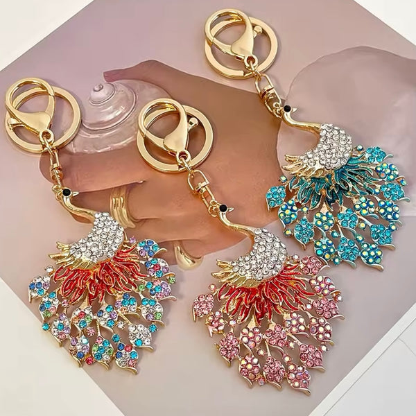 Peacock Key Ring Womens Pink Crystal Keychain Purse Bag Pendant Charm Gold New