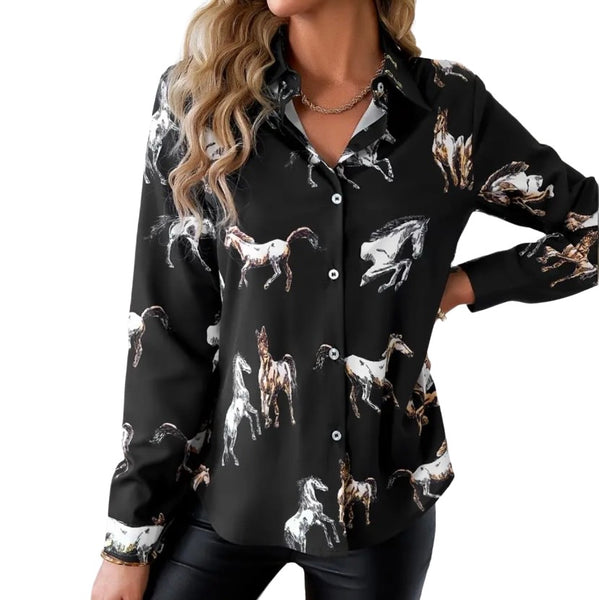 Button Up Horse Print Blouse XL Womens Black Western Casual Fashion Top New
