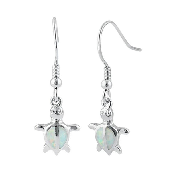 Sterling Silver White Lab Opal Sea Turtle Hook Earrings New