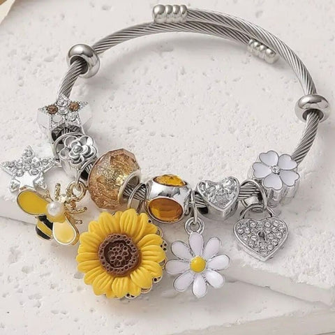 New Sunflower & Bee Charm Stainless Steel Bracelet