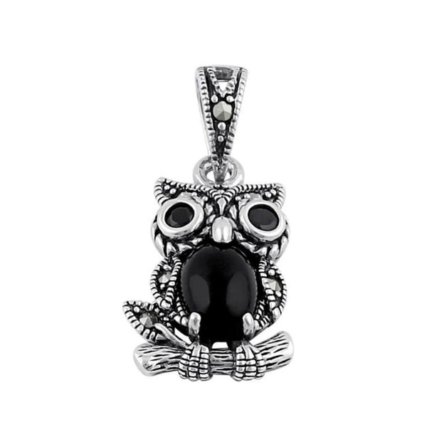 Sterling Silver Onyx and Dark Garnet Owl Marcasite Pendant