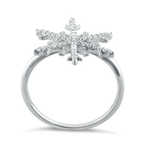 Solid Sterling Silver Unique Snowflake Clear CZ Ring Size 6