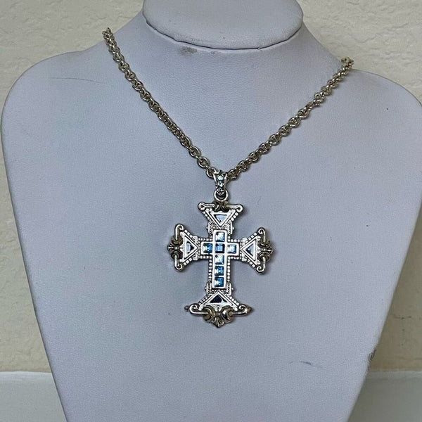 Vintage Vatican Collection Blue Crystal Cross 24” Necklace