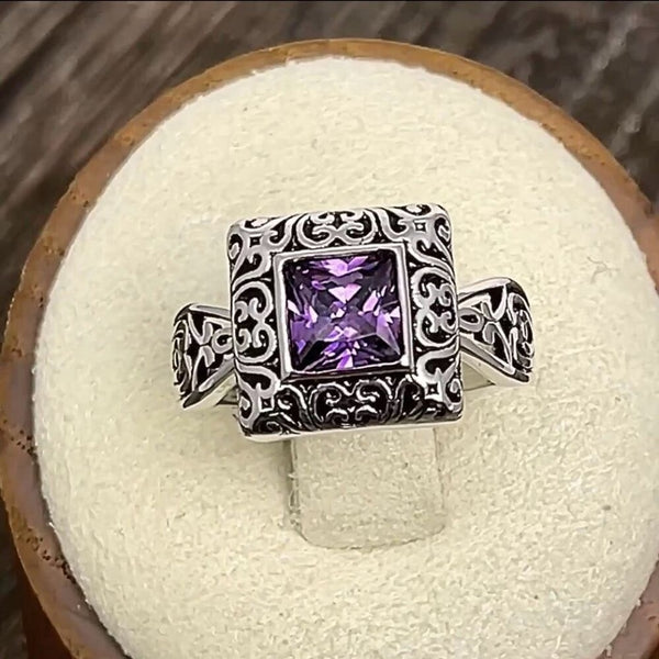 Sterling Silver Ornate Square Cut Amethyst CZ Ring Size 6