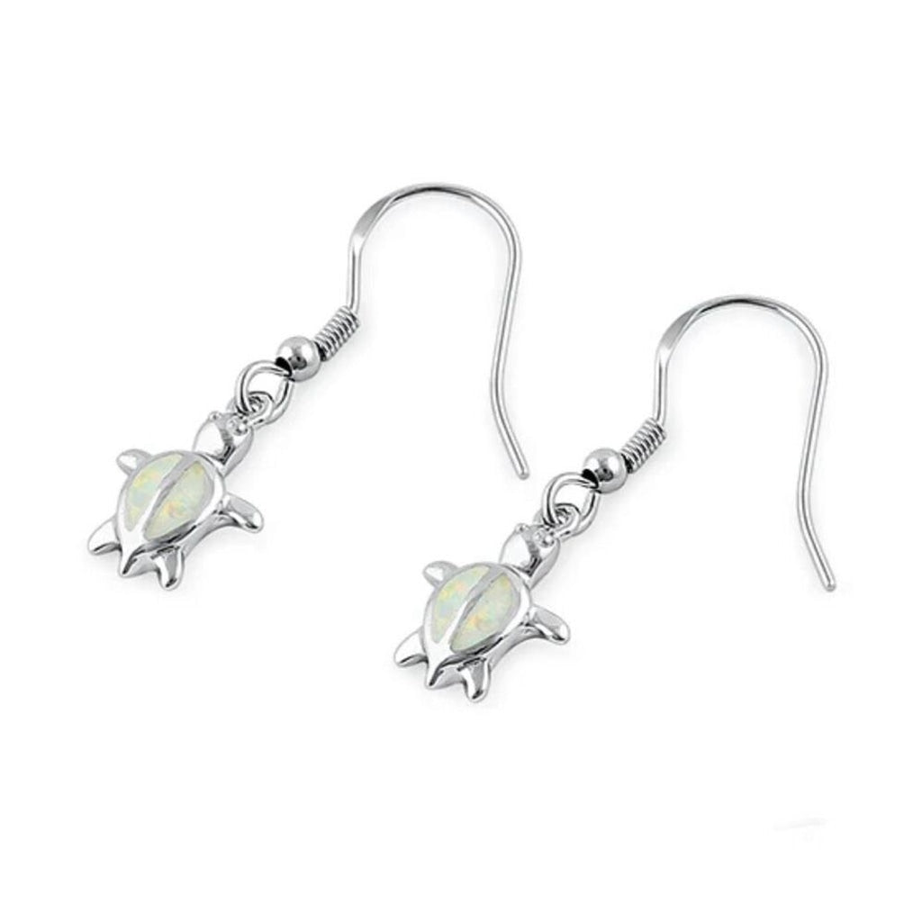 Sterling Silver White Lab Opal Sea Turtle Hook Earrings New
