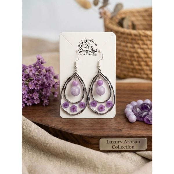Handmade Pressed Flower & Purple Jade Teardrop Earrings