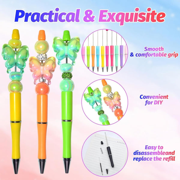 300 Pieces DIY Beadable Pen Kit – 100 Plastic Ballpoint Pens with Refills & Bags